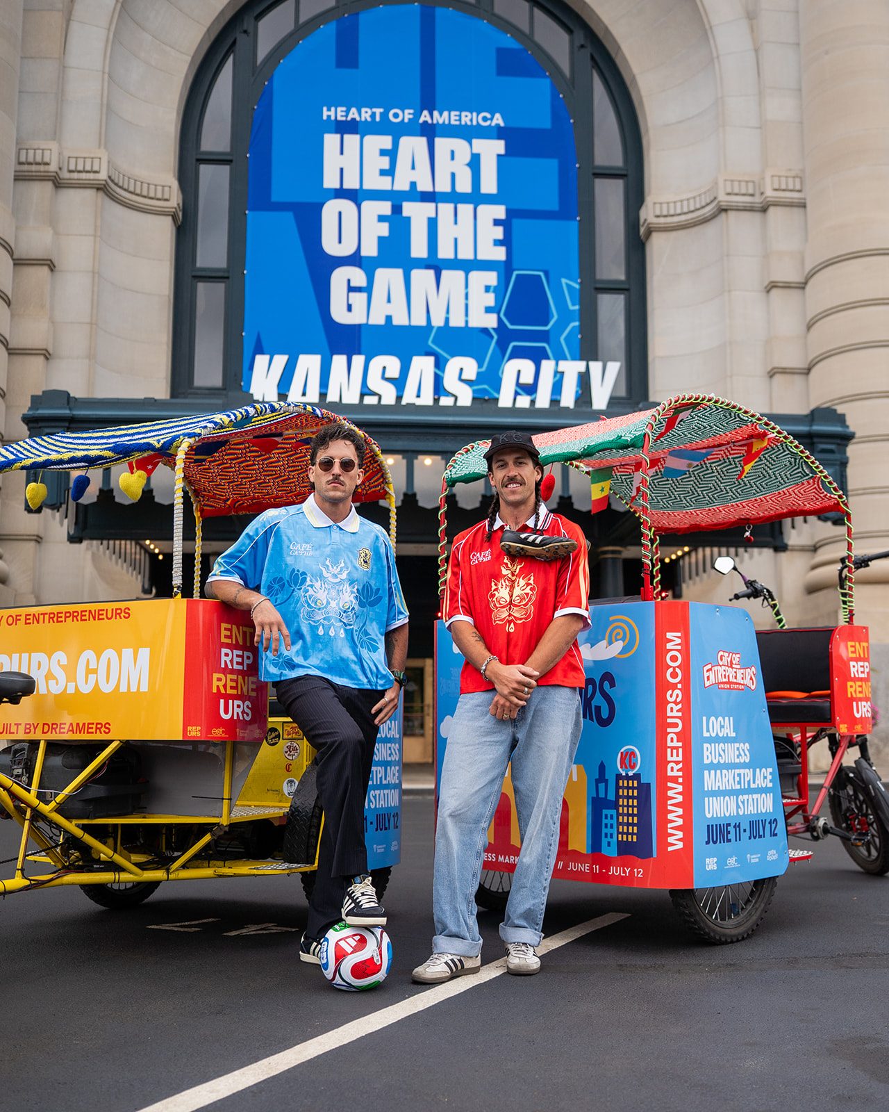 EZ Pedicabs founders with wrapped cabs at Union Station