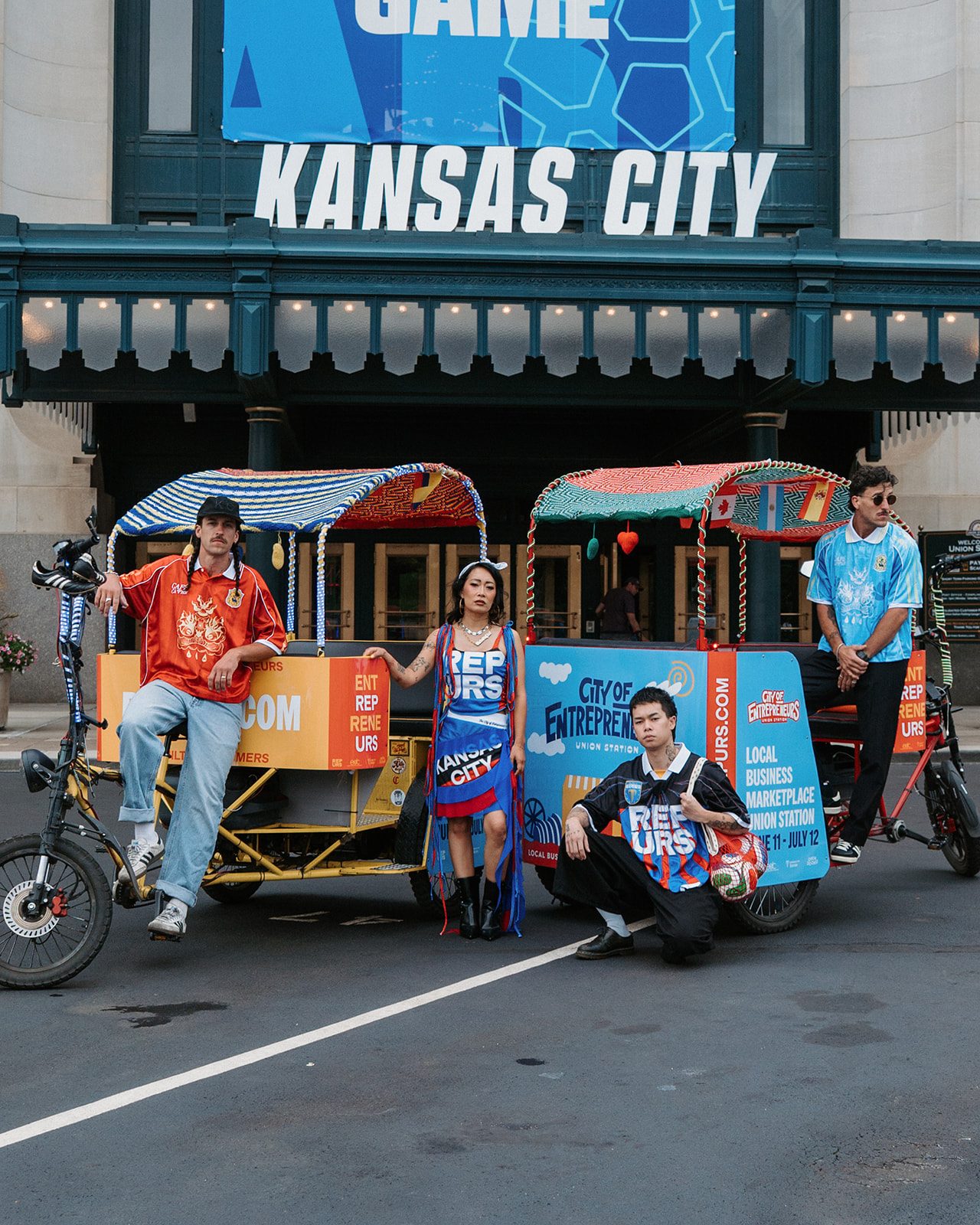 The EZ Pedicabs crew with wrapped cabs outside Union Station